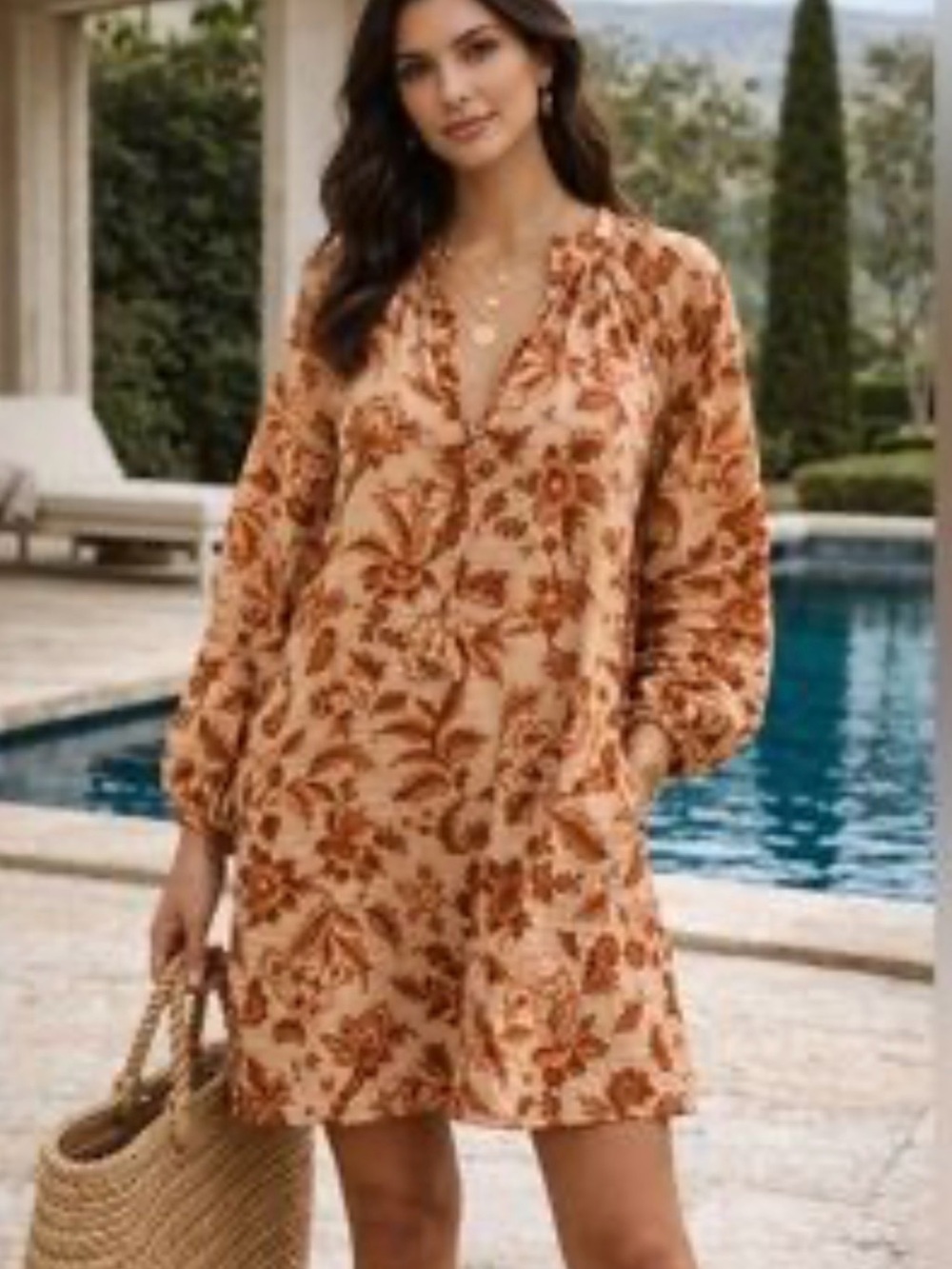 Mason’s Daughter Rust Floral V-Neck Long Sleeve Mini Dress